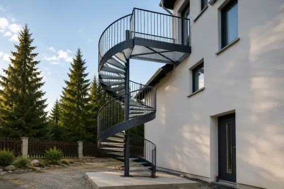 Kompakte Außentreppe aus Stahl mit Podest und Geländer