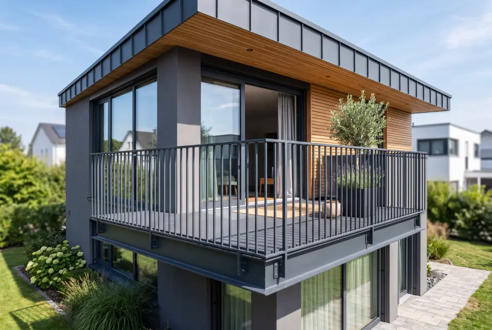 Modernes Balkongeländer aus anthrazit pulverbeschichtetem Stahl mit minimalistischen Vertikalstäben