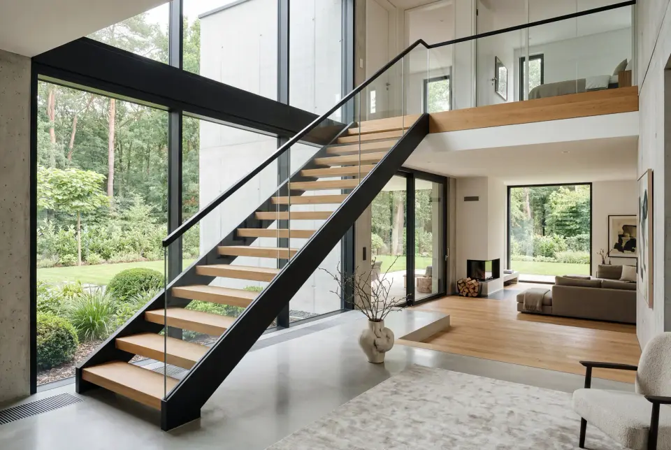 Moderne Innentreppe aus schwarz pulverbeschichtetem Stahl mit massiven Holzstufen und Glasgeländer