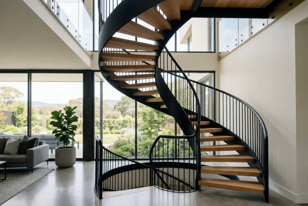 Spindeltreppe aus schwarzem Stahl mit schwebenden Holzstufen