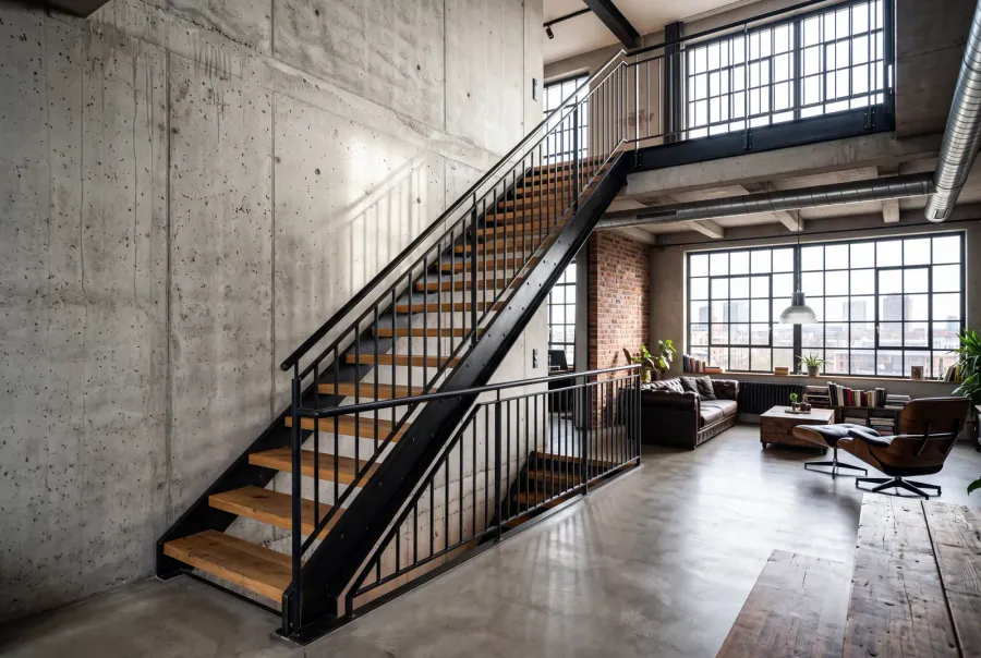 Industrielle Stahltreppe mit schwarzem Geländer vor Sichtbetonwand